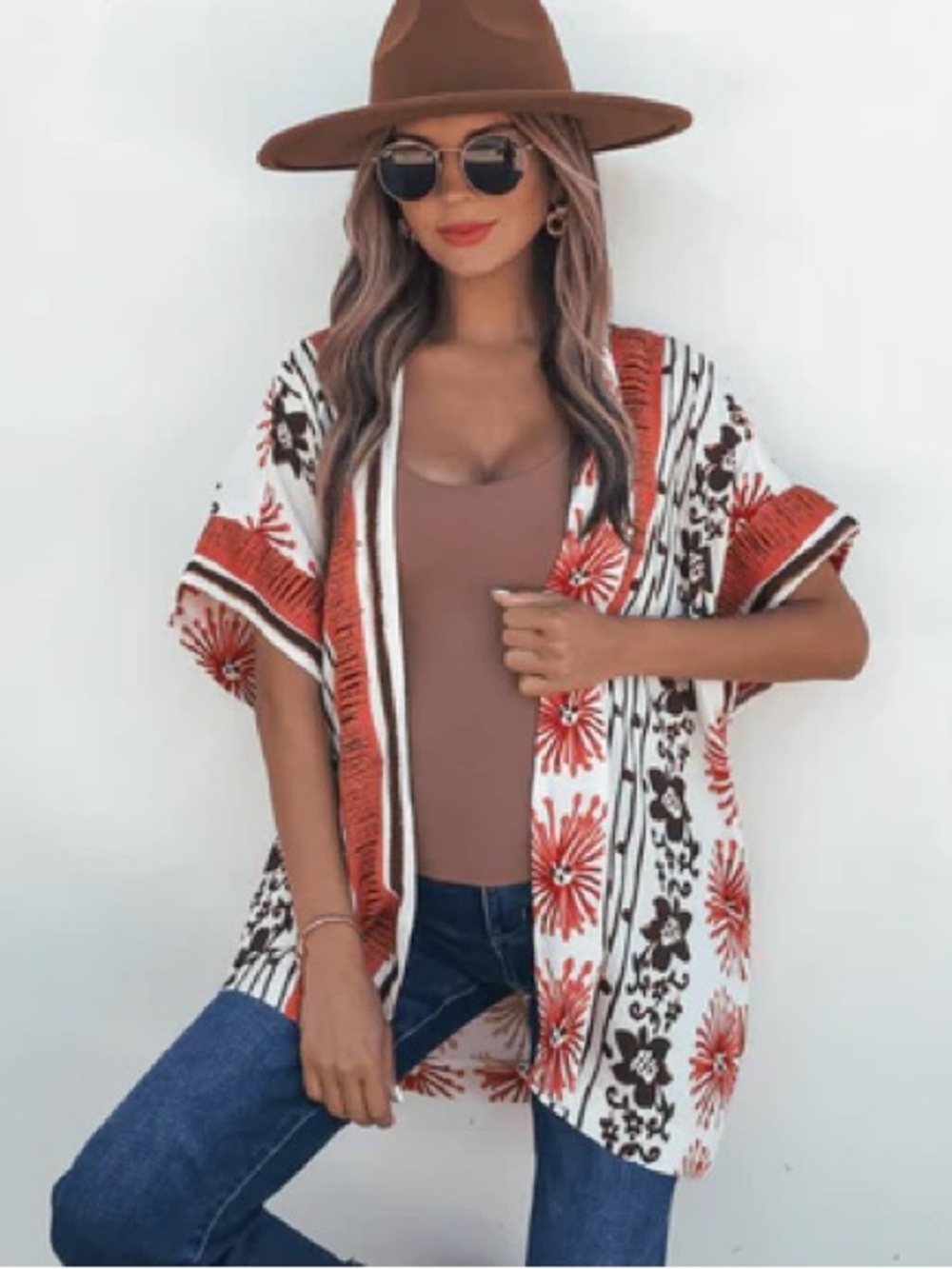 Umgee Jolene Border Print Kimono Topper Sz L